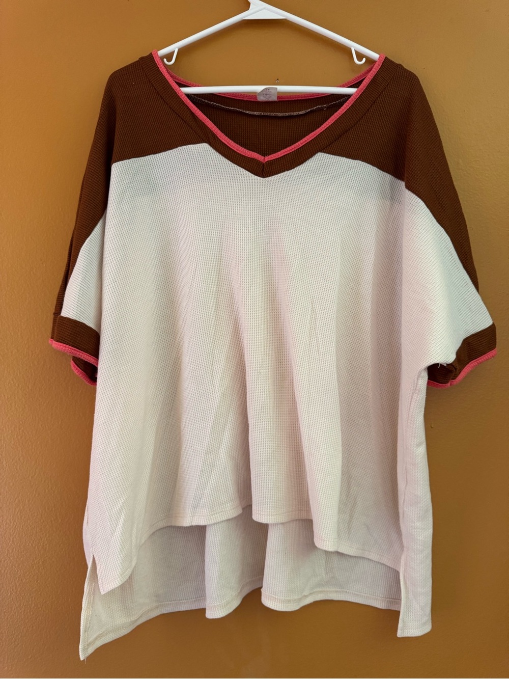 V-Neck Colorblock Waffle Tunic - Brown, White & Pink Trim